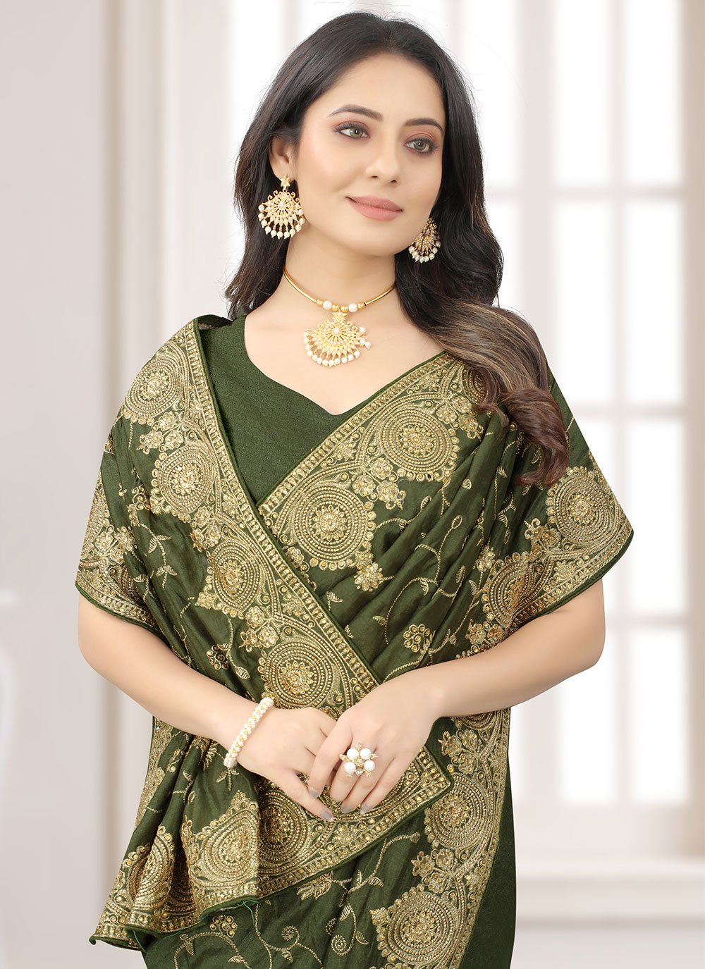 Contemporary Vichitra Silk Green Embroidered Saree