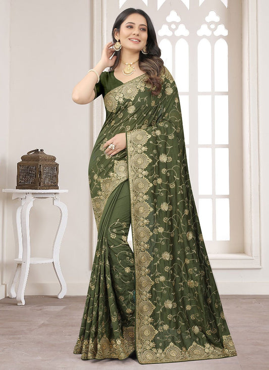 Contemporary Vichitra Silk Green Embroidered Saree