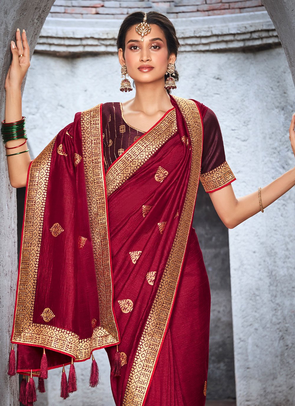 Classic Vichitra Silk Red Embroidered Saree