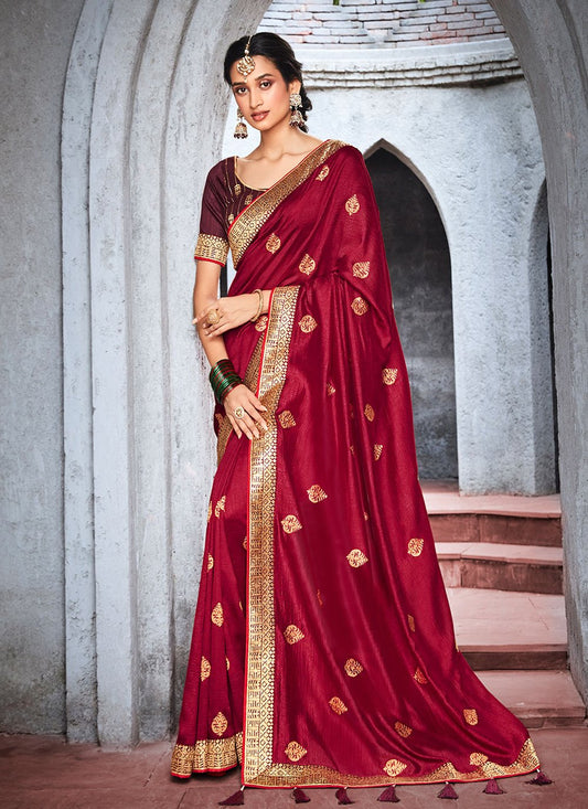 Classic Vichitra Silk Red Embroidered Saree