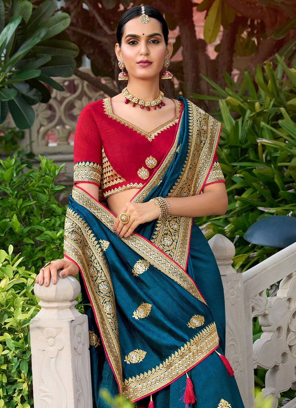 Classic Vichitra Silk Blue Embroidered Saree