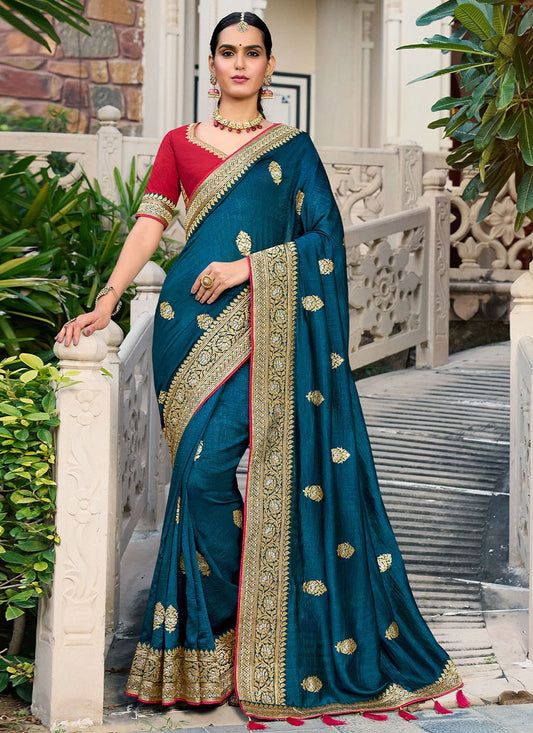 Classic Vichitra Silk Blue Embroidered Saree