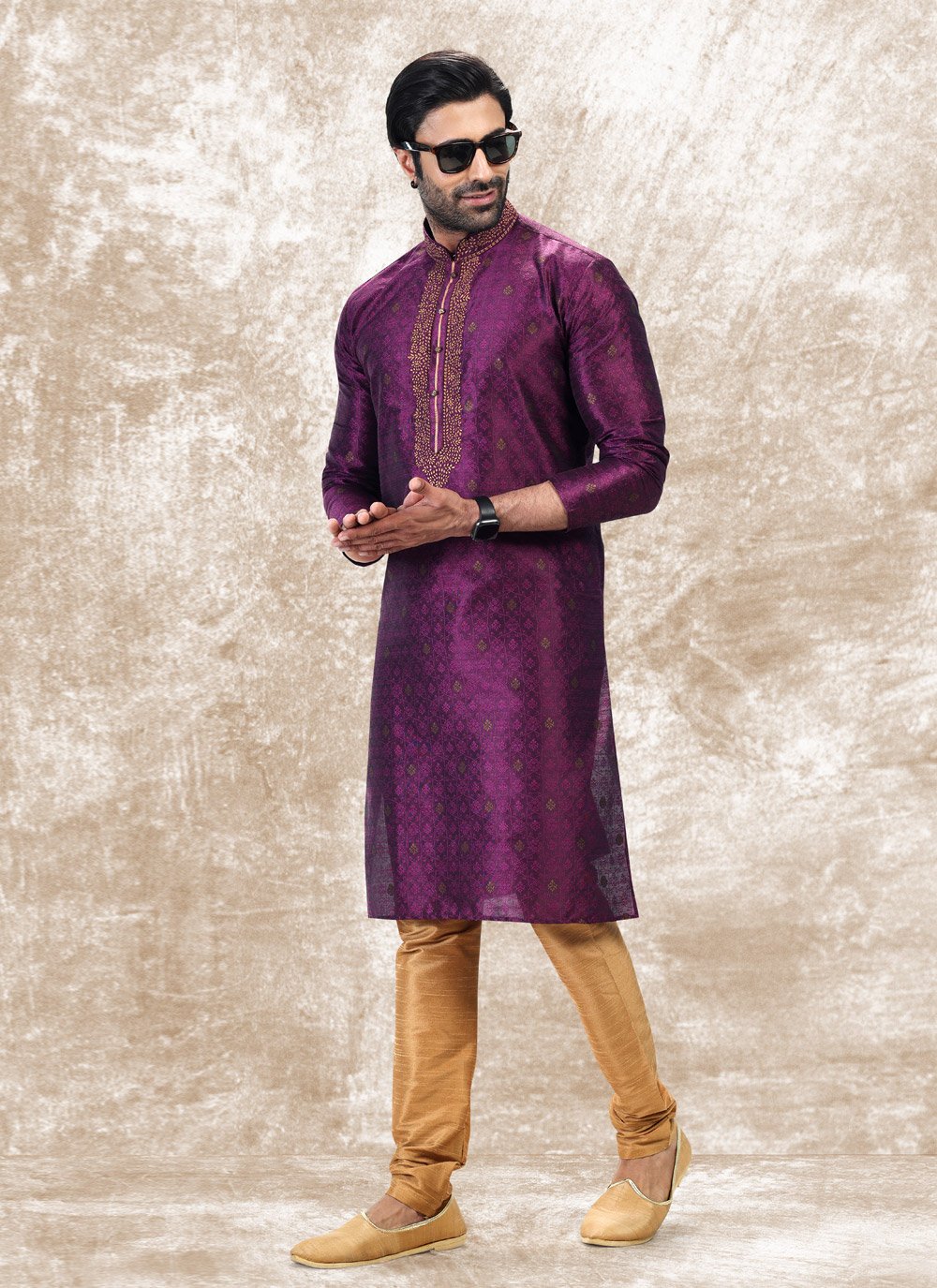 Kurta Pyjama Brocade Jacquard Silk Violet Fancy Work Mens