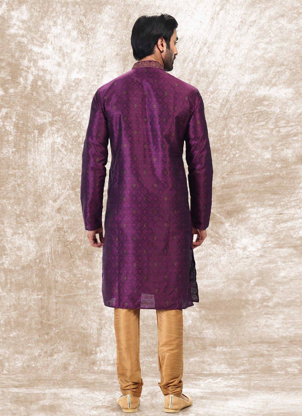 Kurta Pyjama Brocade Jacquard Silk Violet Fancy Work Mens