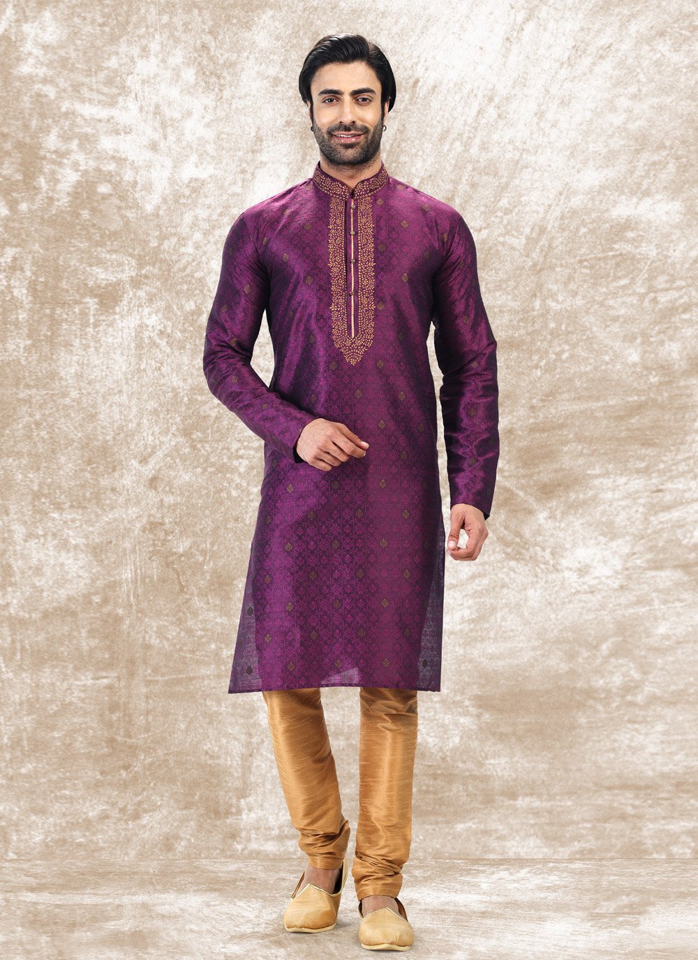 Kurta Pyjama Brocade Jacquard Silk Violet Fancy Work Mens