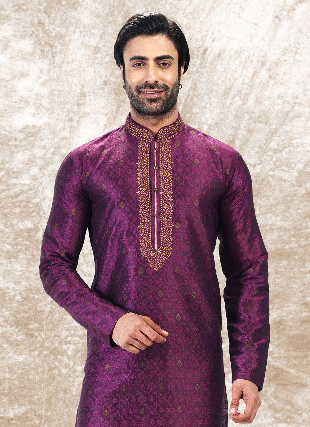 Kurta Pyjama Brocade Jacquard Silk Violet Fancy Work Mens