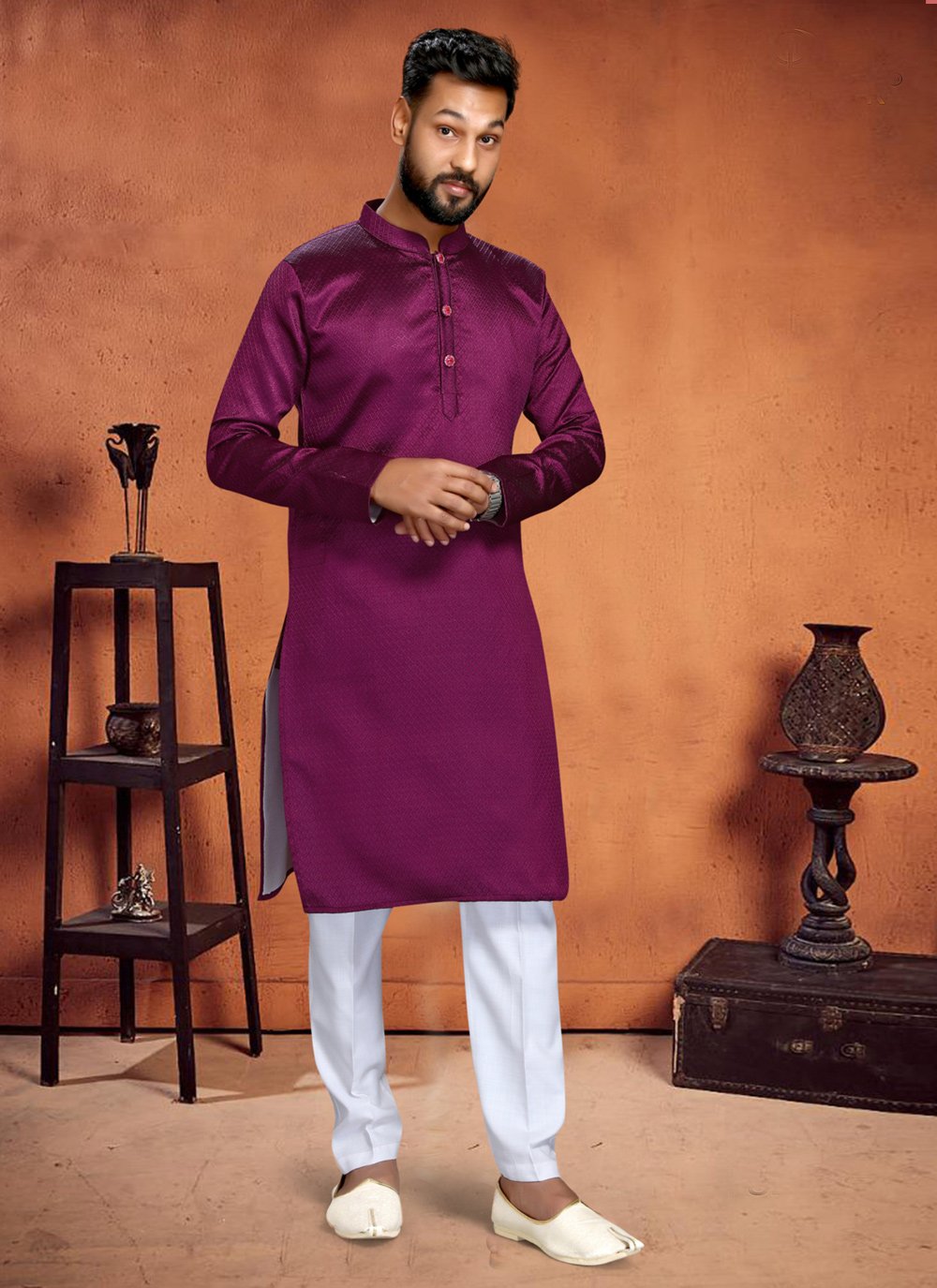 Kurta Pyjama Cotton Violet Plain Mens