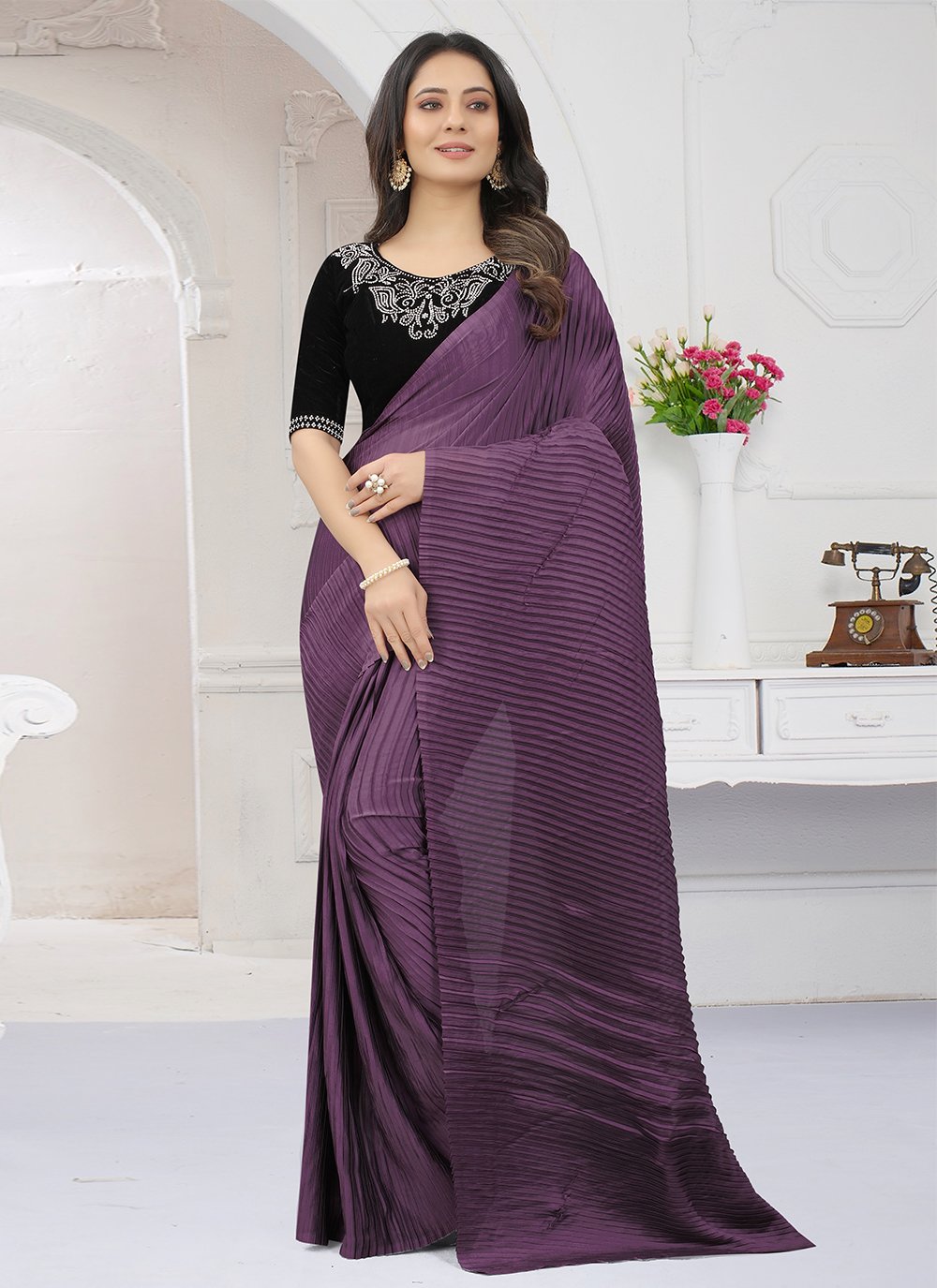 Contemporary Silk Violet Fancy Work Saree