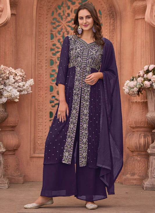 Salwar Suit Georgette Violet Embroidered Salwar Kameez