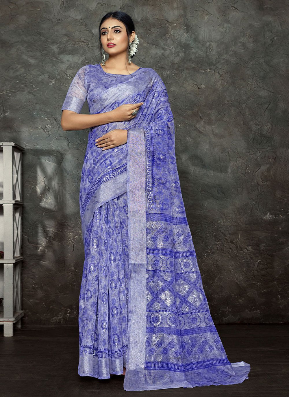 Contemporary Cotton Linen Violet Foil Print Saree