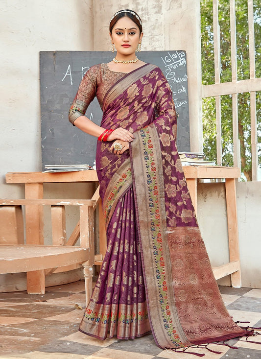 Traditional Saree Organza Violet Embroidered Saree