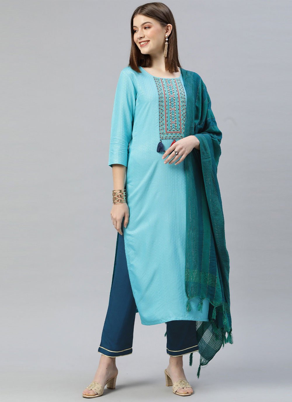 Salwar Suit Rayon Viscose Aqua Blue Embroidered Salwar Kameez