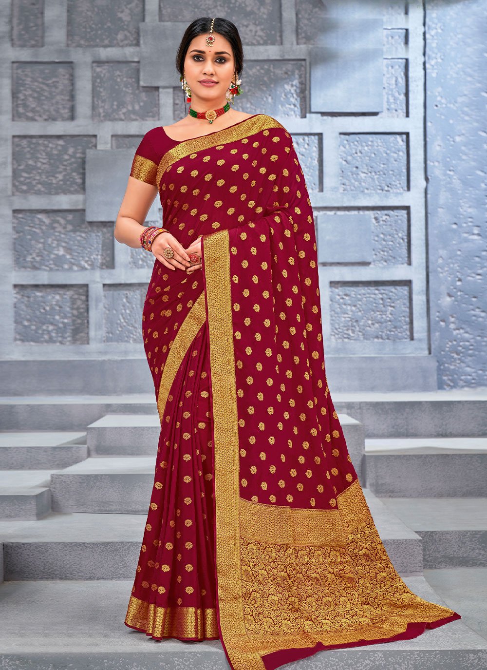 Classic Chiffon Viscose Wine Weaving Saree