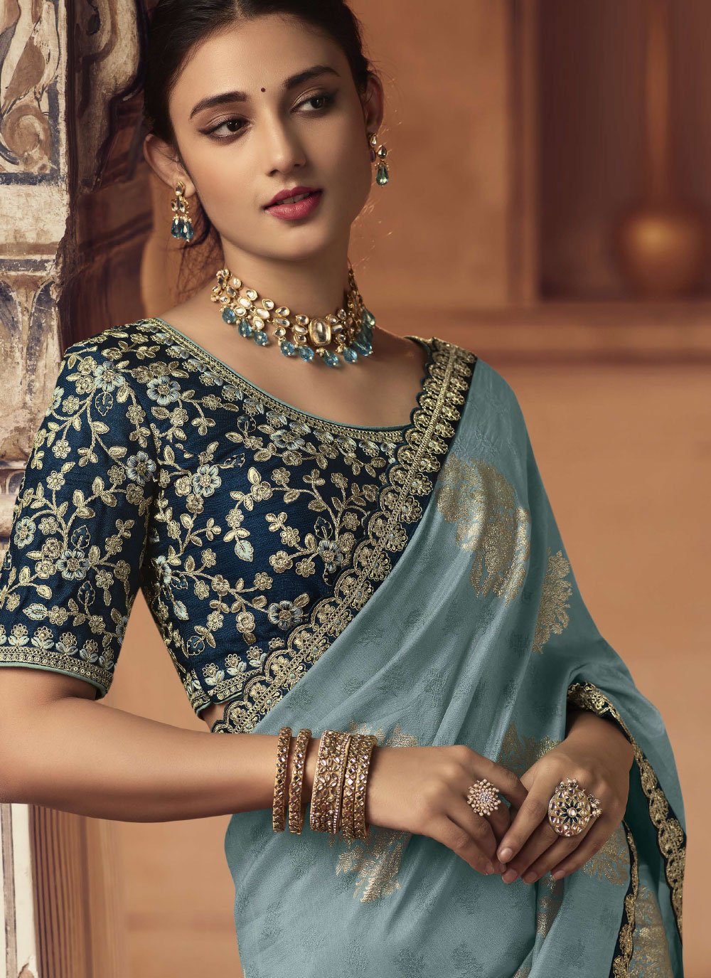 Classic Viscose Turquoise Embroidered Saree