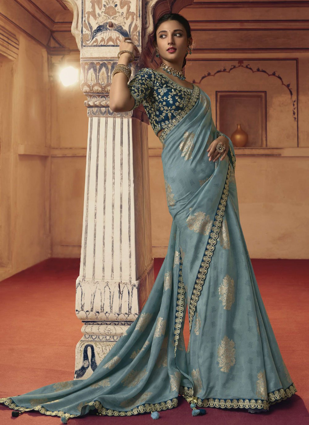 Classic Viscose Turquoise Embroidered Saree