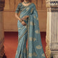 Classic Viscose Turquoise Embroidered Saree