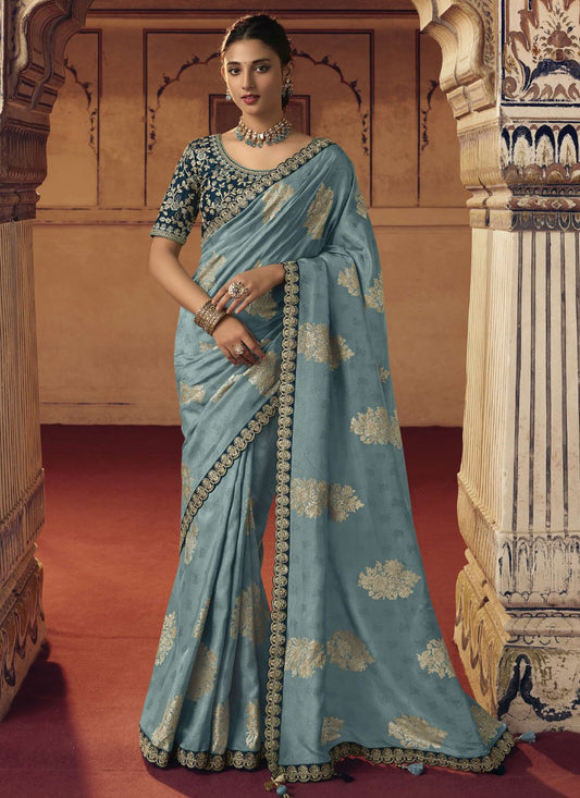 Classic Viscose Turquoise Embroidered Saree