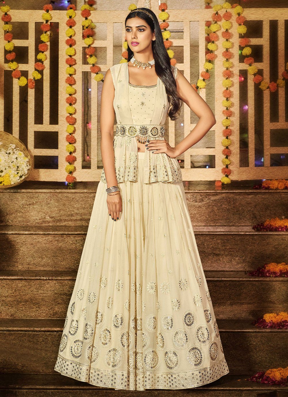 A Line Lehenga Georgette Viscose Off White Embroidered Lehenga Choli