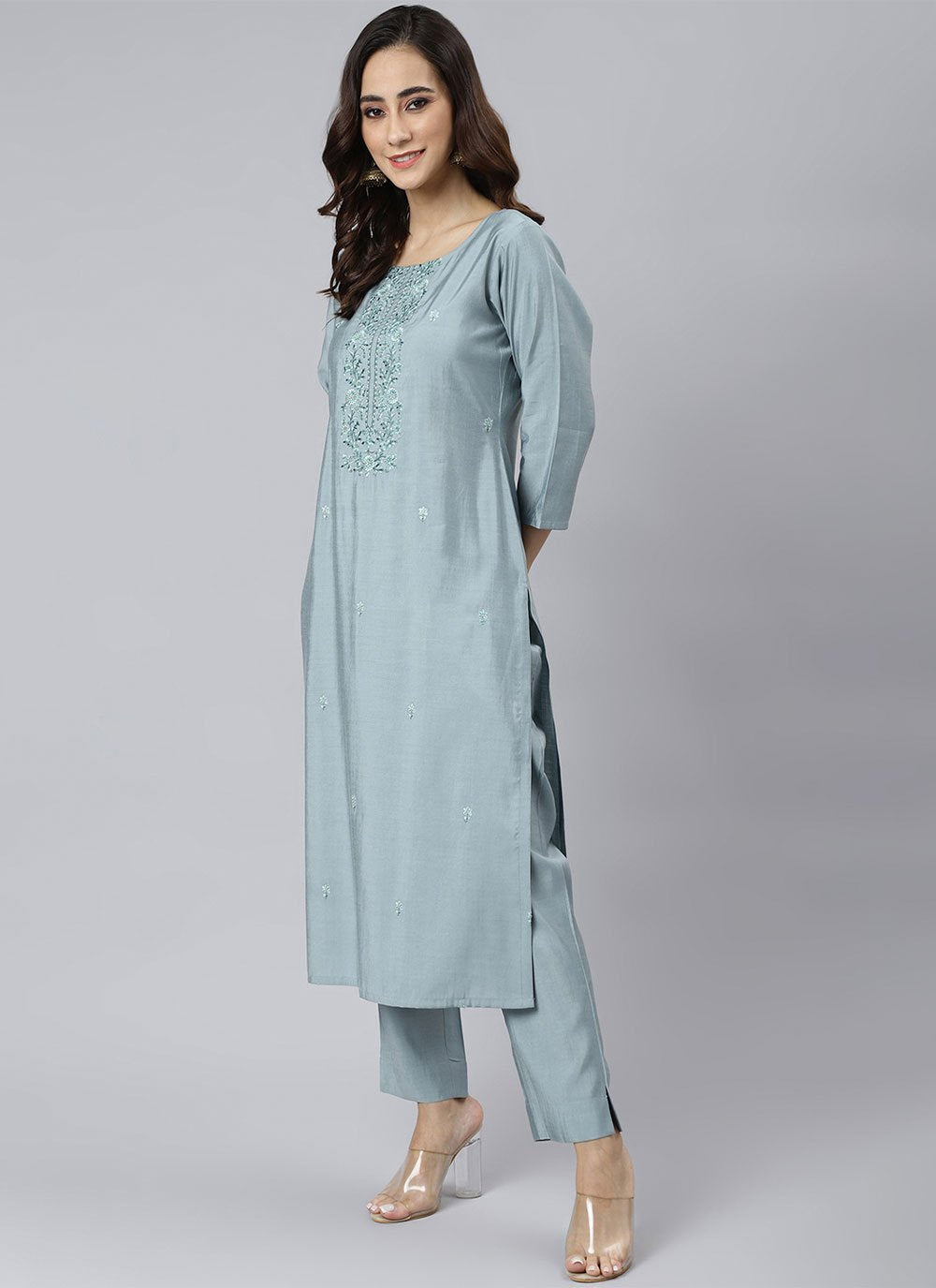 Pant Style Suit Viscose Aqua Blue Embroidered Salwar Kameez