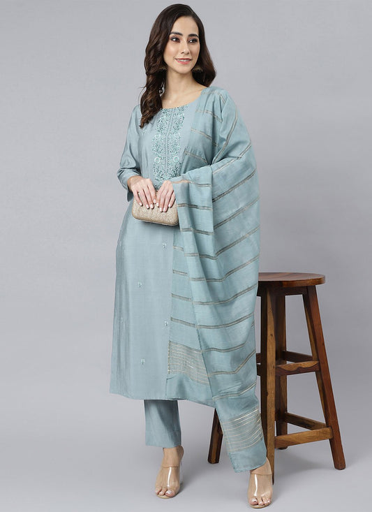 Pant Style Suit Viscose Aqua Blue Embroidered Salwar Kameez