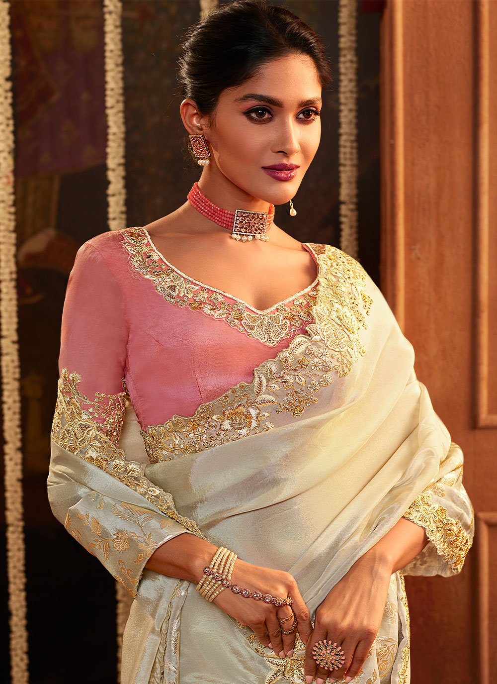 Designer Viscose Cream Embroidered Saree