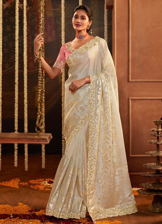 Designer Viscose Cream Embroidered Saree