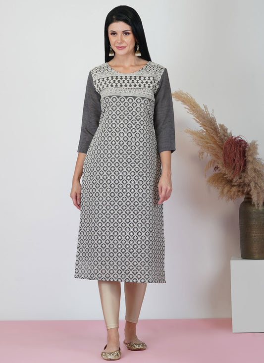 Designer Kurti Viscose Grey Embroidered Kurtis