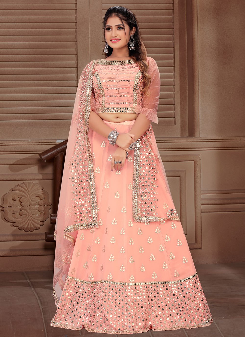 Readymade Lehenga Choli Viscose Peach Embroidered Lehenga Choli