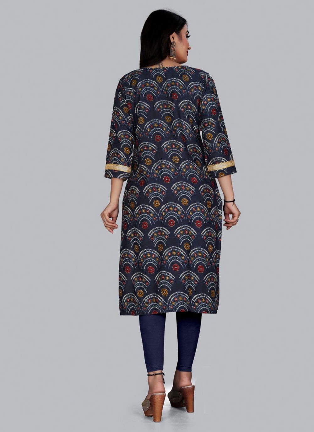 Party Wear Kurti Rayon Viscose Blue Foil Print Kurtis