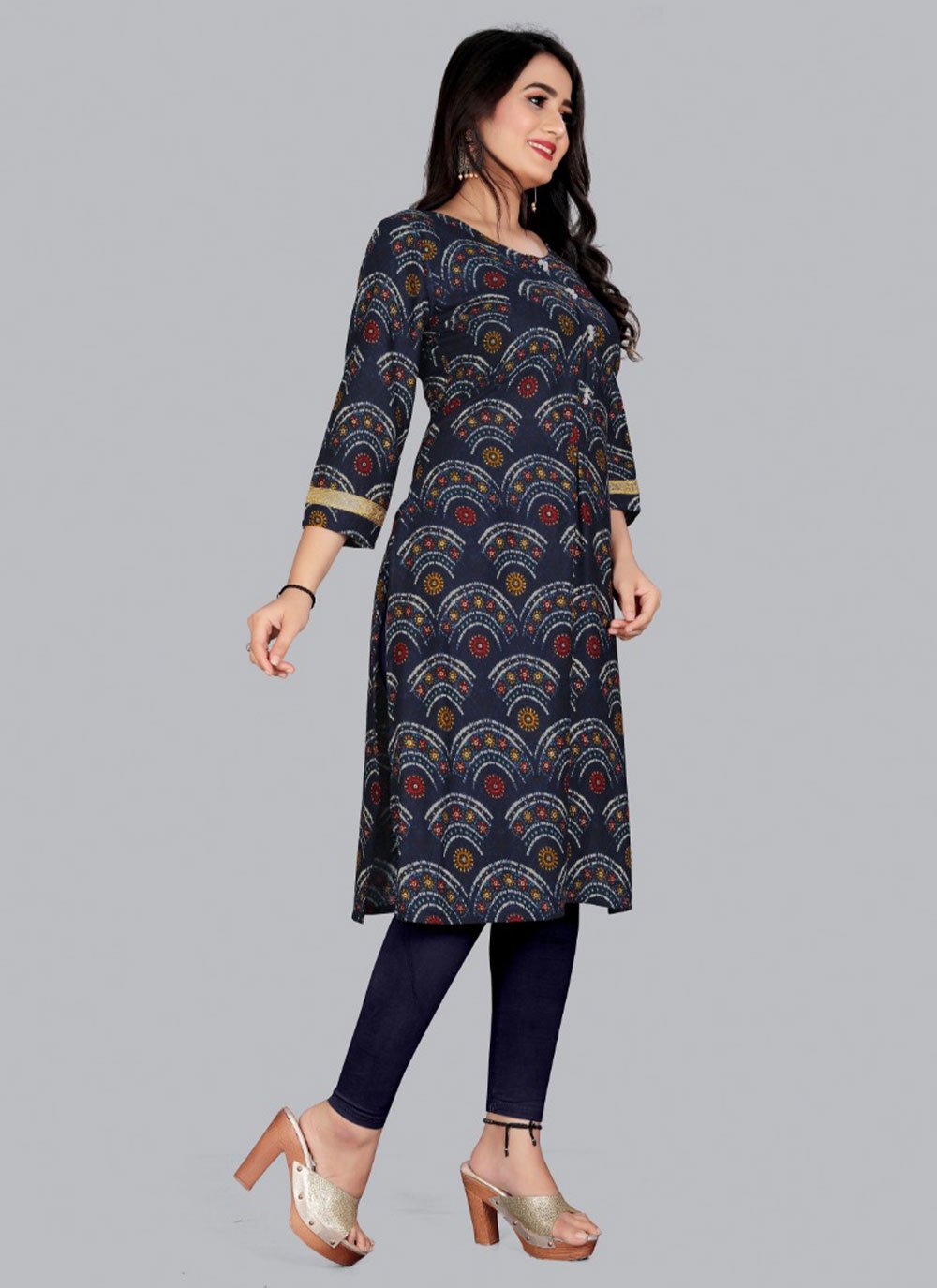 Party Wear Kurti Rayon Viscose Blue Foil Print Kurtis