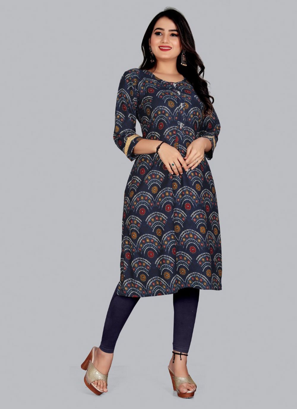 Party Wear Kurti Rayon Viscose Blue Foil Print Kurtis