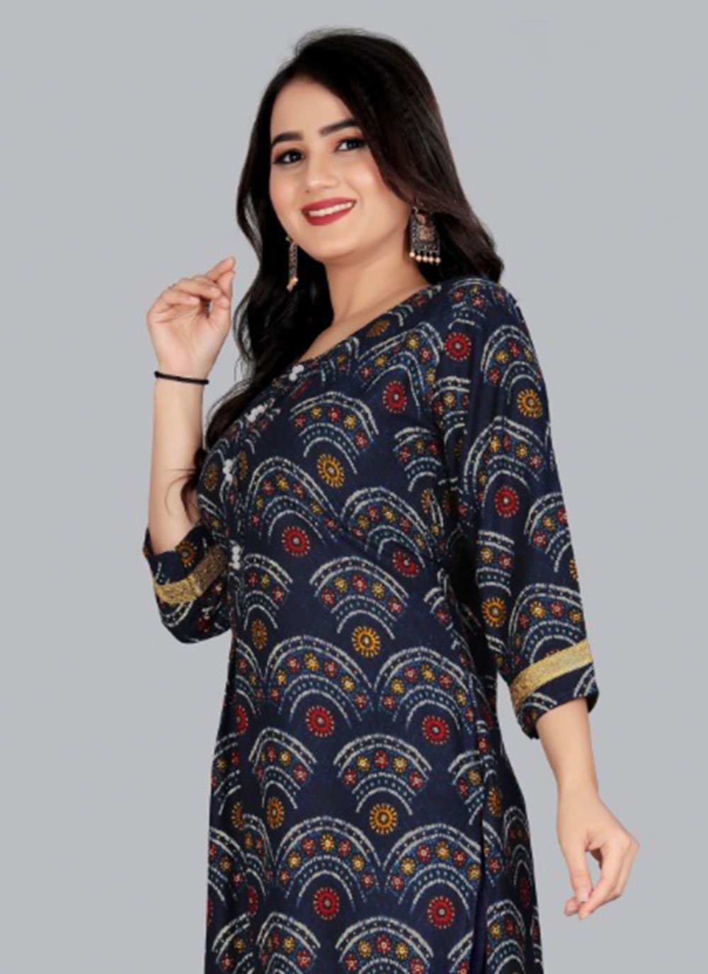 Party Wear Kurti Rayon Viscose Blue Foil Print Kurtis