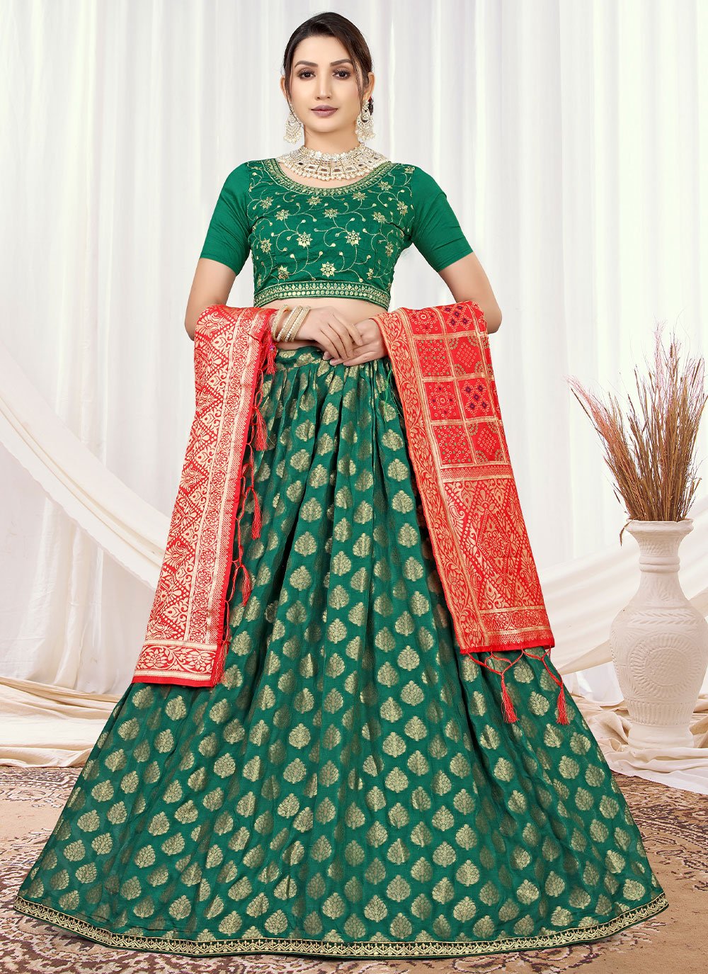 A Line Lehenga Viscose Green Jacquard Work Lehenga Choli