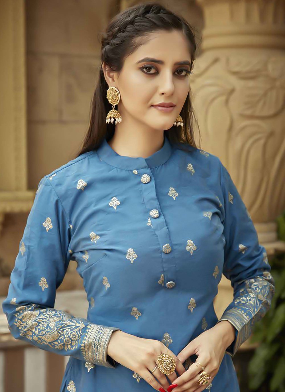 Designer Kurti Viscose Blue Jacquard Work Kurtis