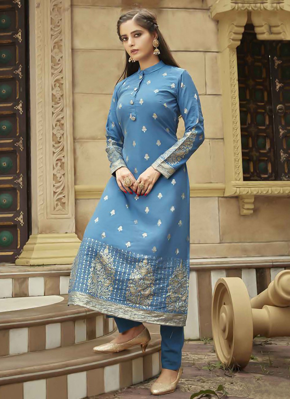 Designer Kurti Viscose Blue Jacquard Work Kurtis