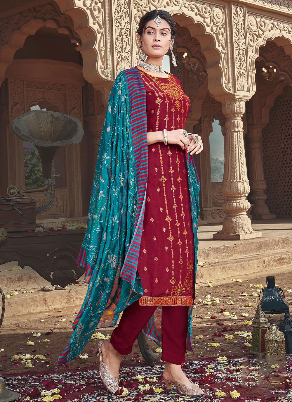 Pant Style Suit Silk Viscose Red Digital Print Salwar Kameez