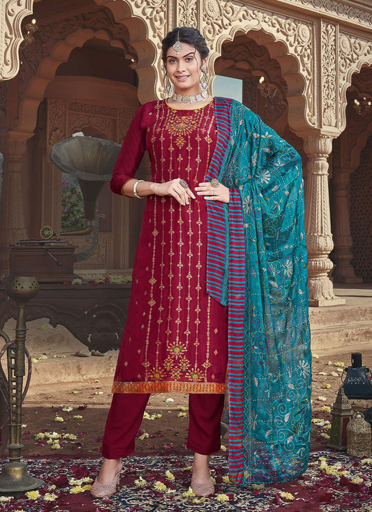 Pant Style Suit Silk Viscose Red Digital Print Salwar Kameez
