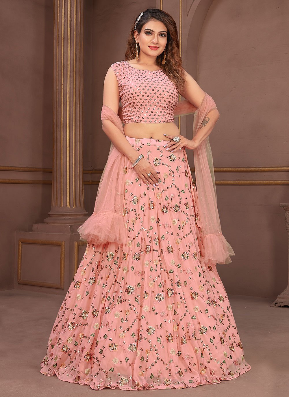 Lehenga Choli Georgette Viscose Pink Embroidered Lehenga Choli