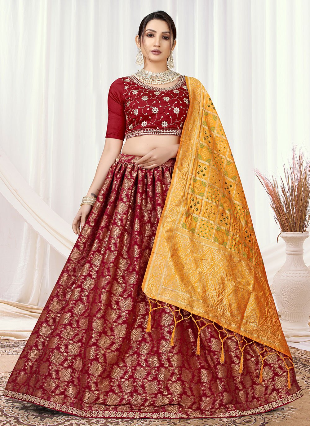 Lehenga Choli Viscose Maroon Jacquard Work Lehenga Choli