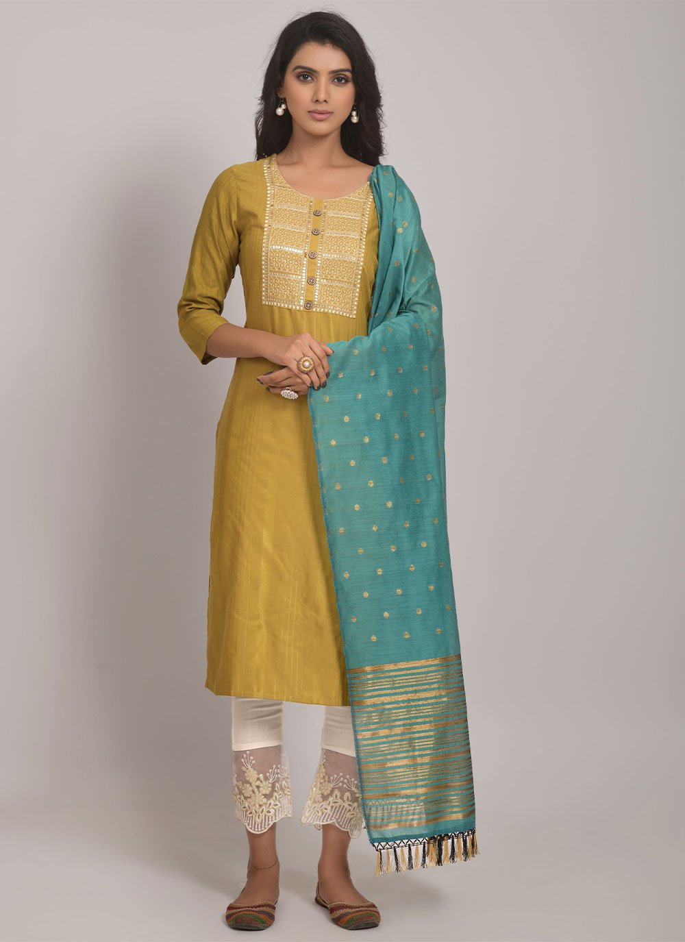 Designer Salwar Suit Rayon Viscose Mustard Embroidered Salwar Kameez