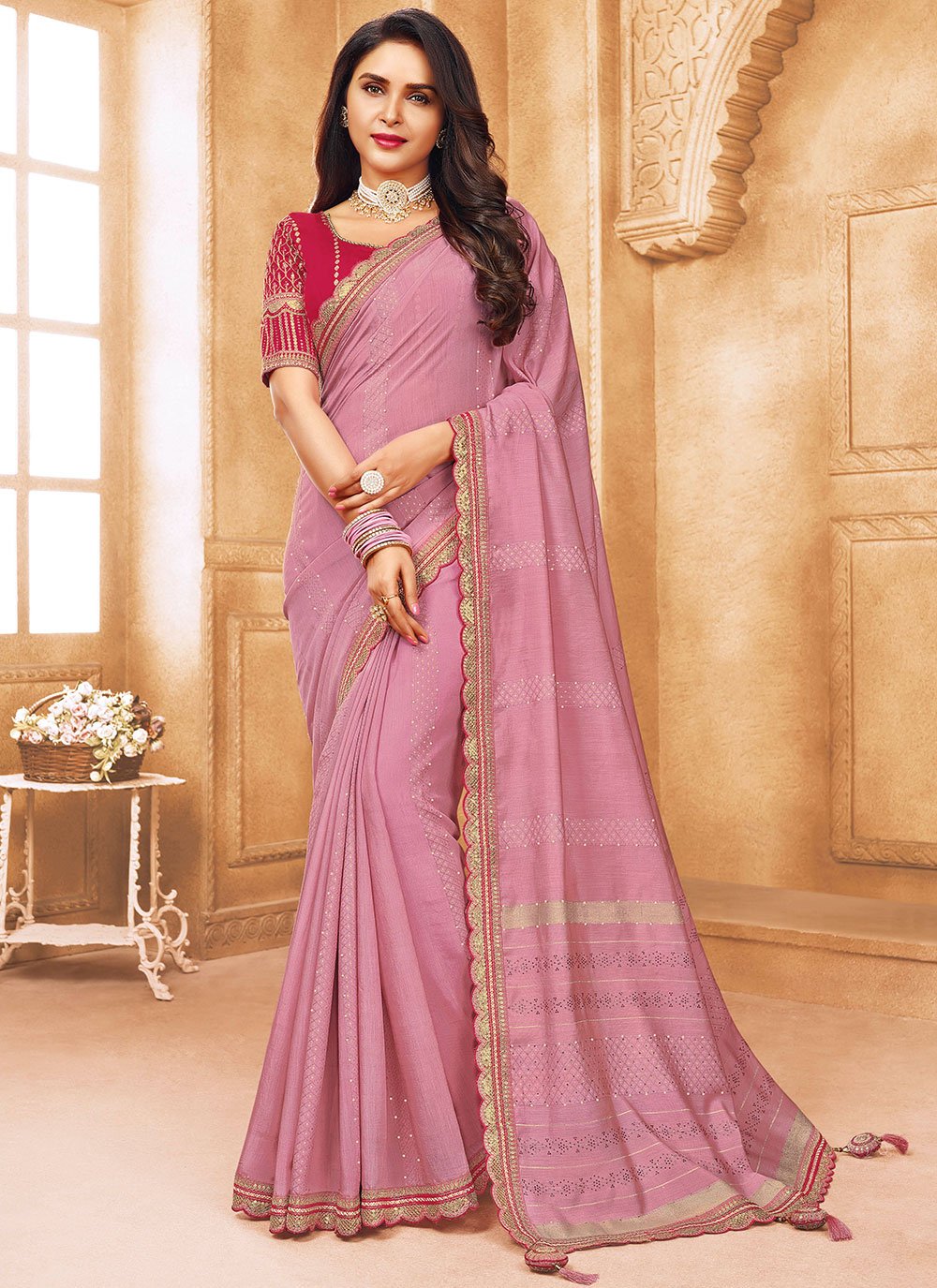 Classic Cotton Viscose Pink Patch Border Saree