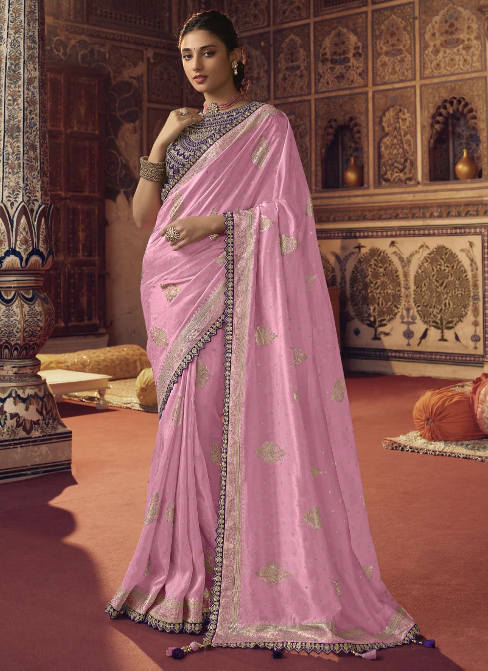 Contemporary Viscose Pink Embroidered Saree