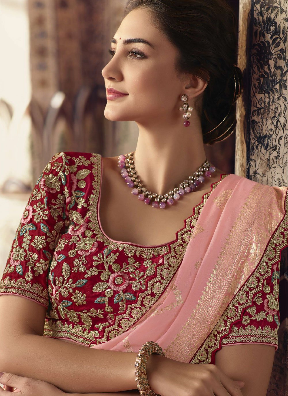 Contemporary Viscose Pink Embroidered Saree