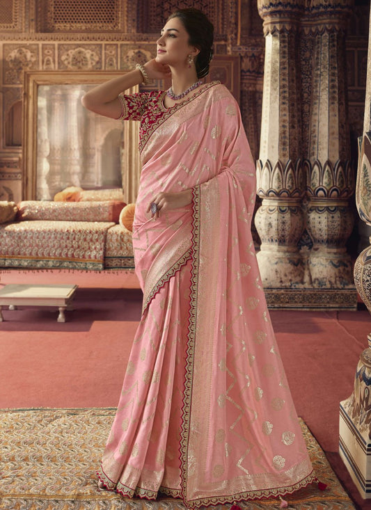 Contemporary Viscose Pink Embroidered Saree