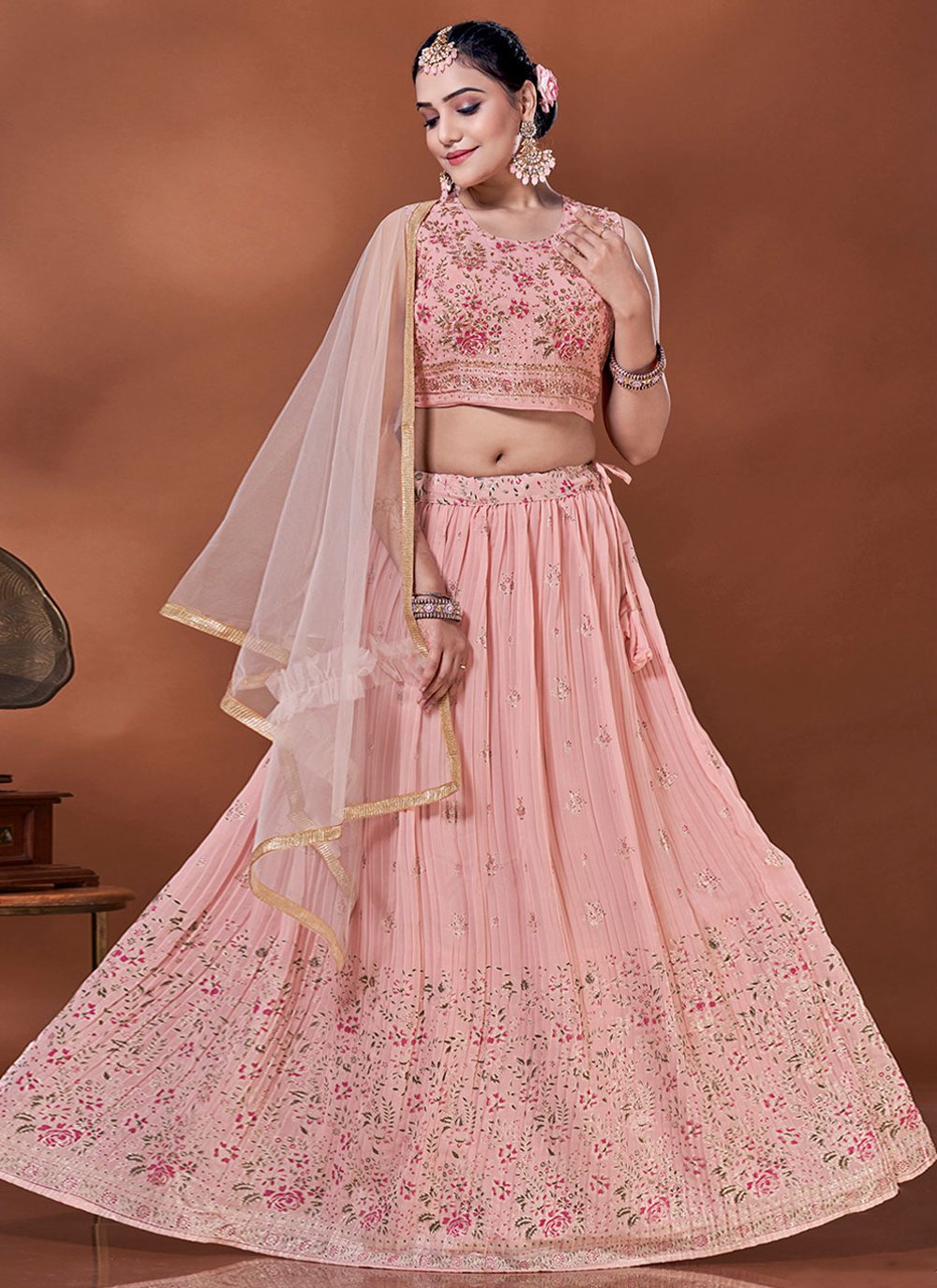 Lehenga Choli Georgette Viscose Pink Print Lehenga Choli