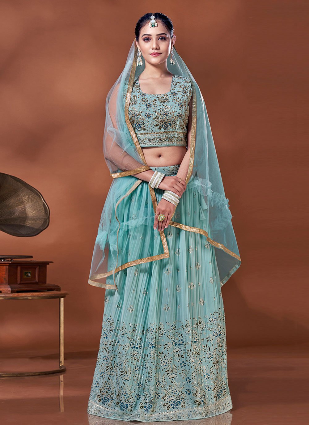 Readymade Lehenga Choli Georgette Viscose Blue Print Lehenga Choli