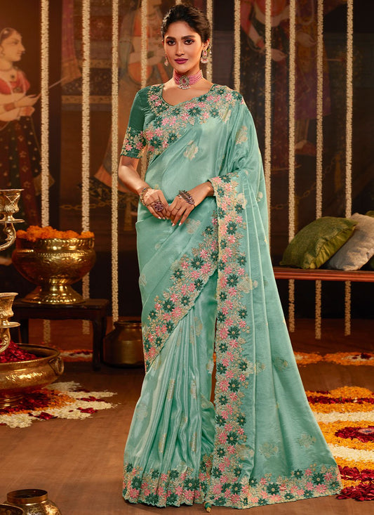 Classic Viscose Aqua Blue Embroidered Saree