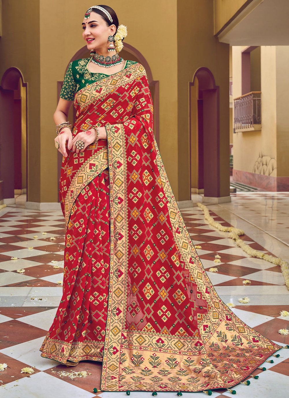 Contemporary Pure Georgette Viscose Red Embroidered Saree