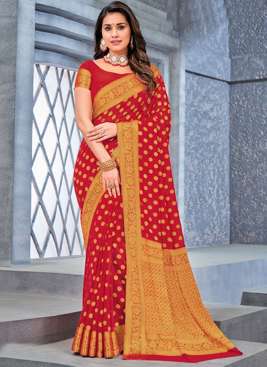 Classic Chiffon Viscose Red Weaving Saree