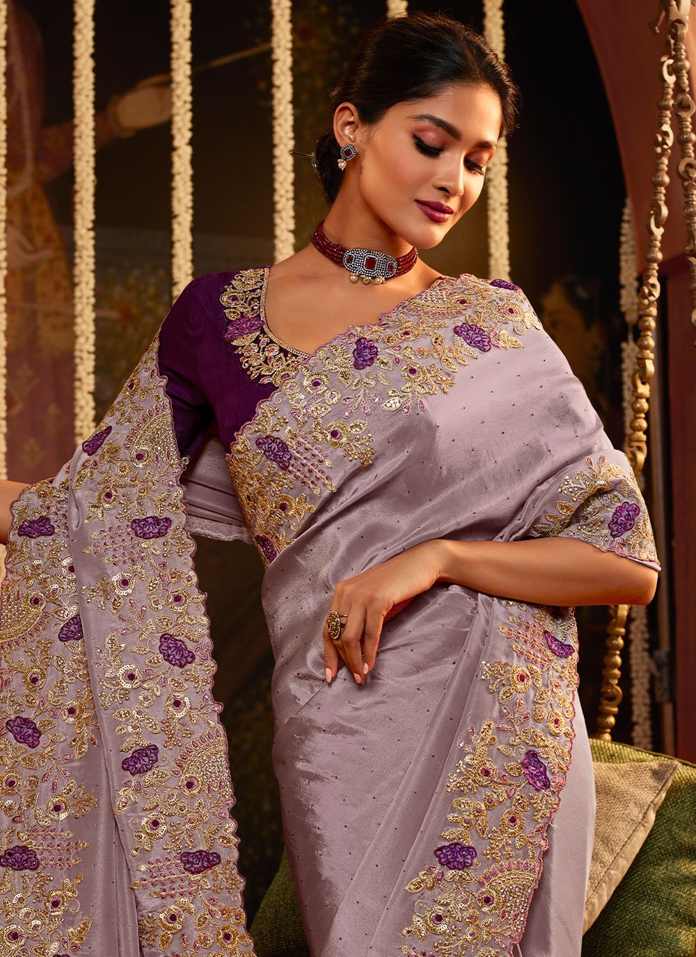 Designer Viscose Lavender Embroidered Saree